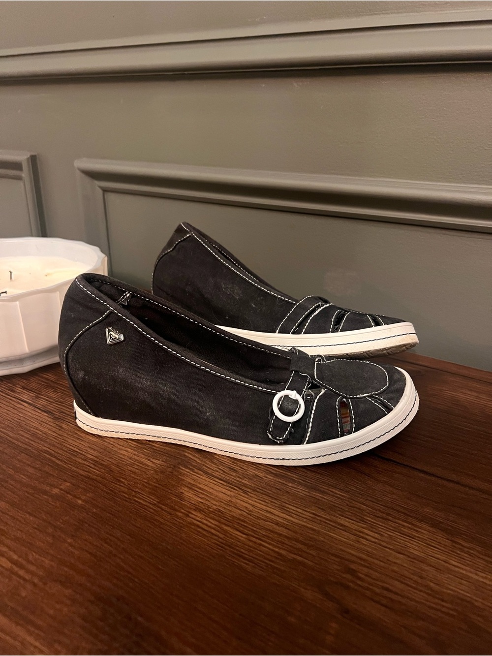 Roxy Charcoal Slip-On Wedge Flats with White Trim